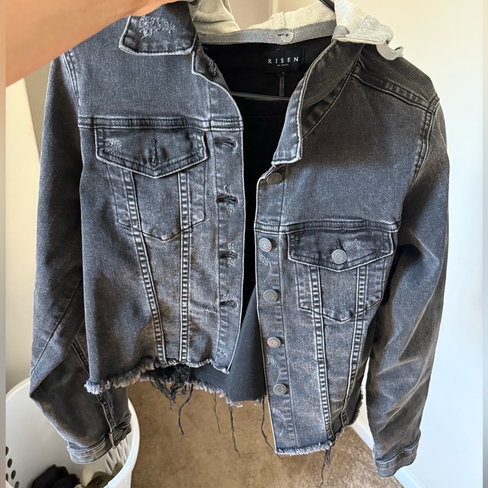 Risen botique distressed black jean jacket! (With hoodie!)